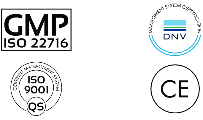 GMP ISO 22716, DNV, ISO 9001, CE